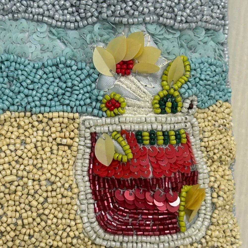Handmade in India Beaded Beach Scene Bag Tropical Drink Sequins NWT